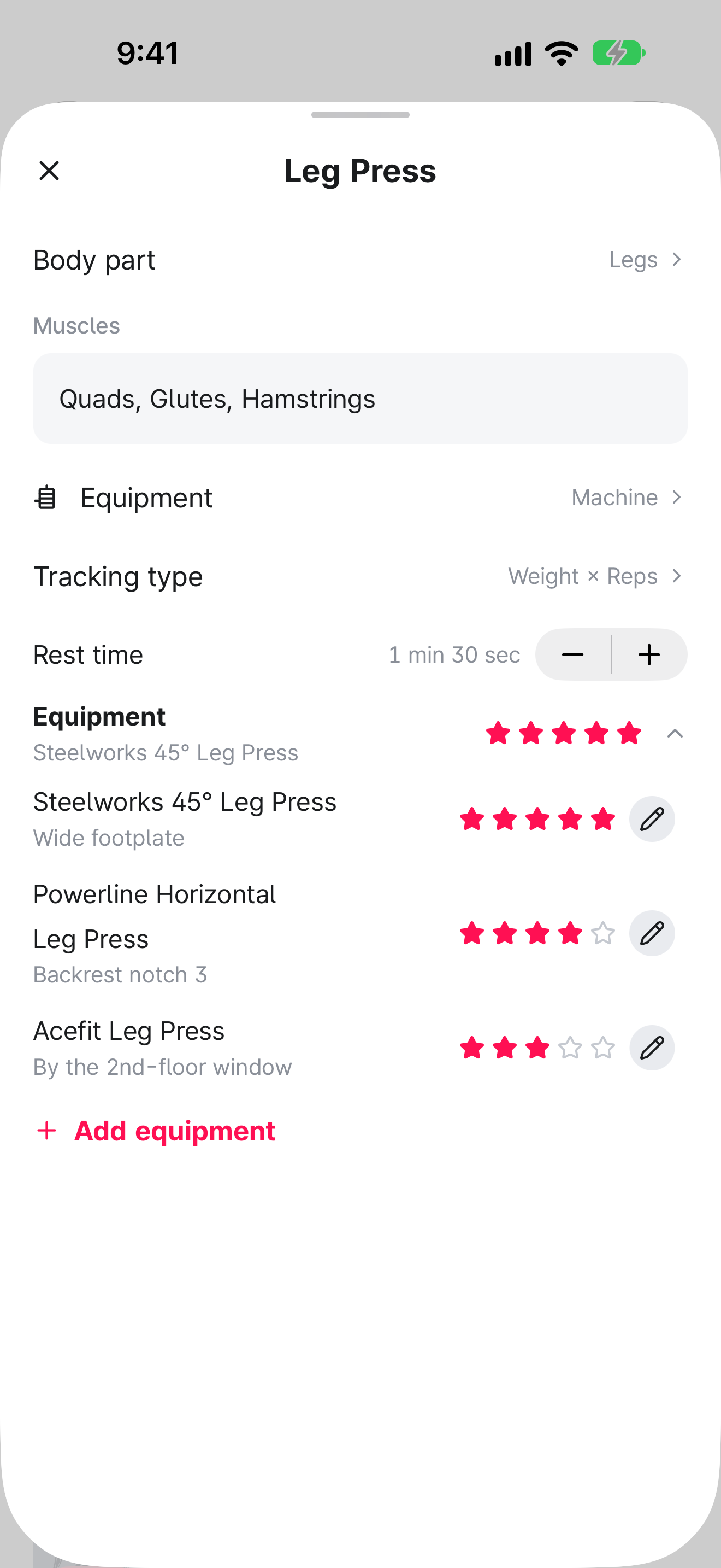 Leg Press detail screen. Three leg press machines are listed with star ratings and notes, highest-rated first, each with a pencil button for editing.