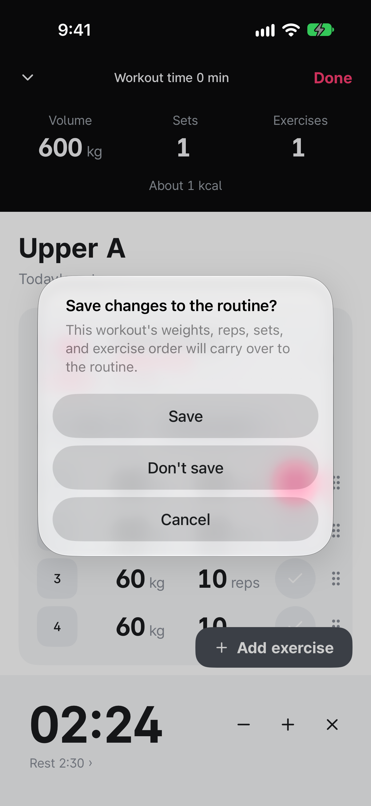 Dialog shown when ending a workout. Under Save changes to the routine? are the buttons Save, Don't save, and Cancel.