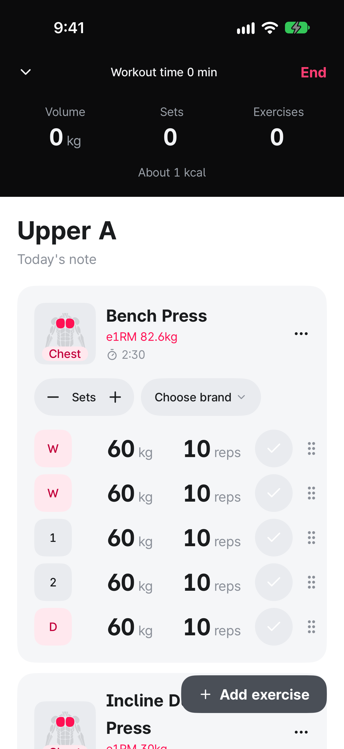 Bench Press card on the workout screen. The set number tiles read W, W, 1, 2, D to mark warm-up, working, and drop sets.