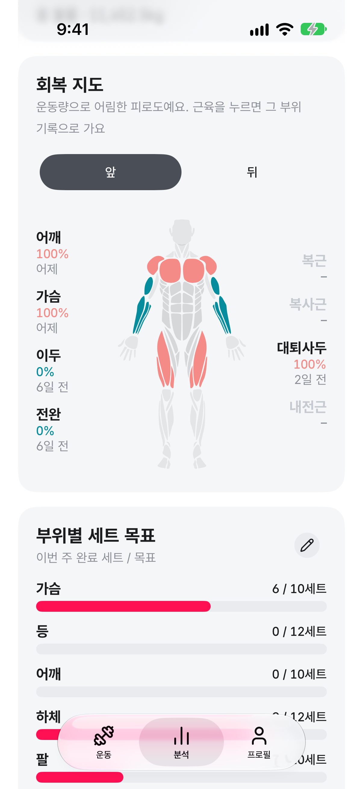 분석 탭 회복 지도. 몸 앞면 그림에서 어깨, 가슴, 대퇴사두가 붉게 칠해져 있고 양옆에 부위별 피로도가 적혀 있다.